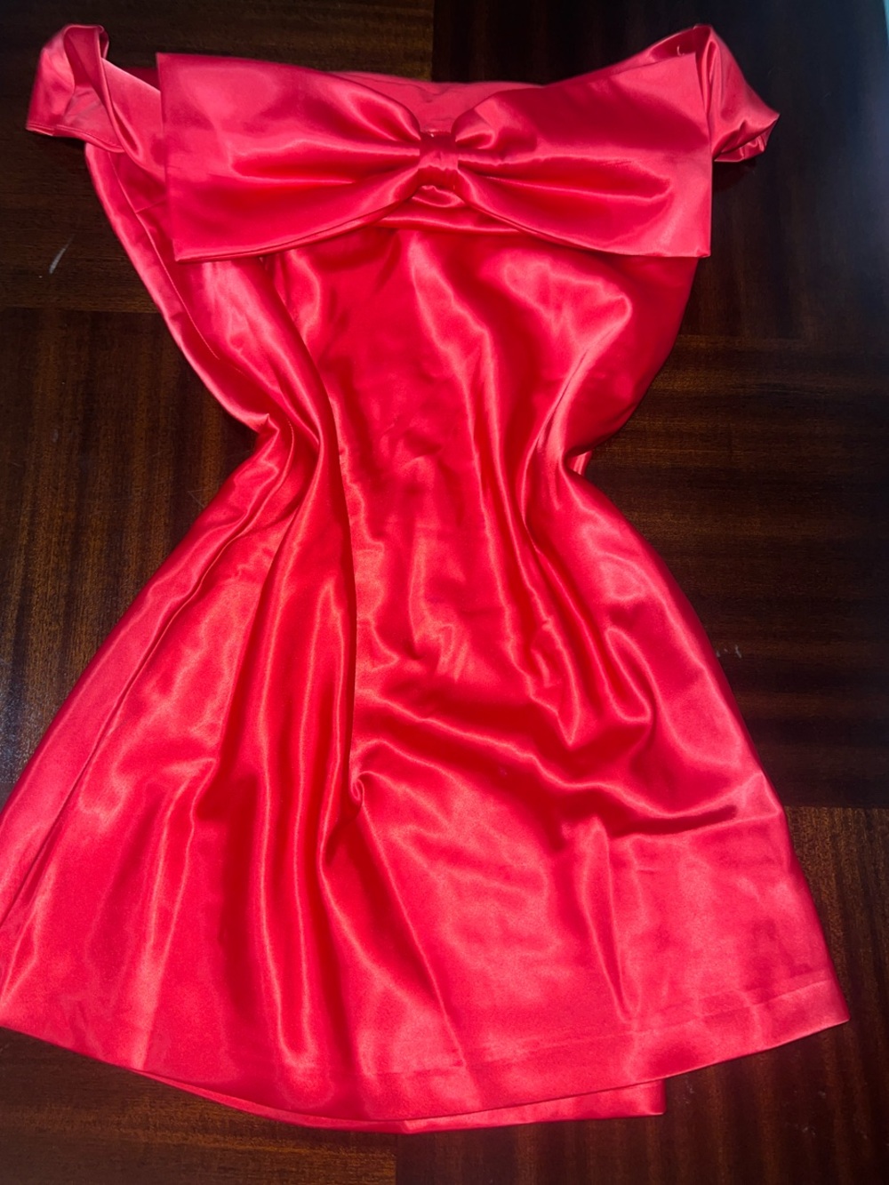Beginning Boutique Red Satin Off-Shoulder Bow Dress